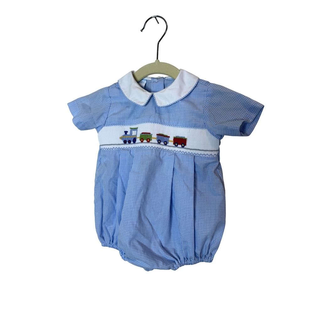 Petit Bebe Romper Baby Boys 0-3 Months Blue Gingham Train Smocked One Piece